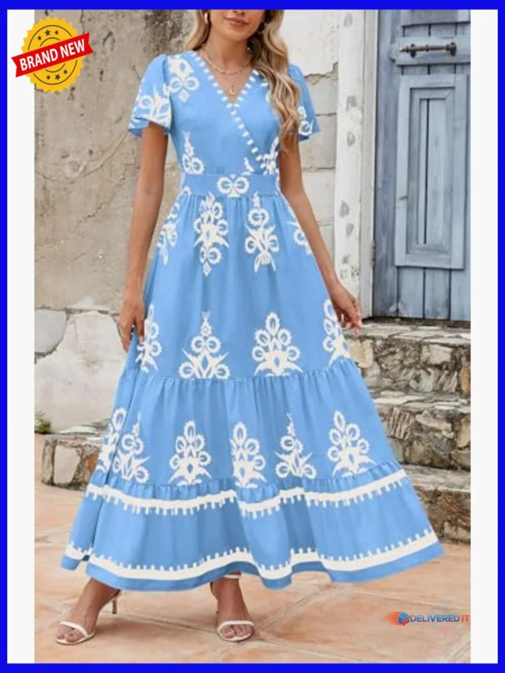 Boho Maxi Dress with Pockets Tiered Bell Sleeve - Picture 6 of 7